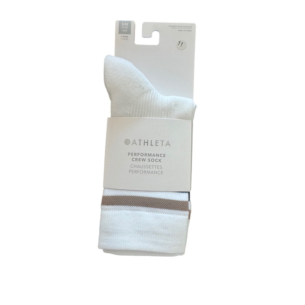 Athleta Performance Crew Sock Small/Medium White Striped Athletic Socks NWT